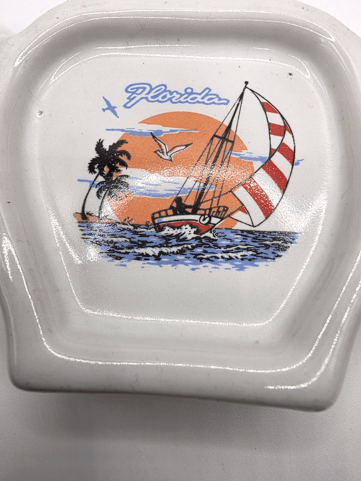 Vintage Florida Souvenir Stoneware Tea Bag Holder Teapot Shaped Sailboat Graphic - Thumbnail 2
