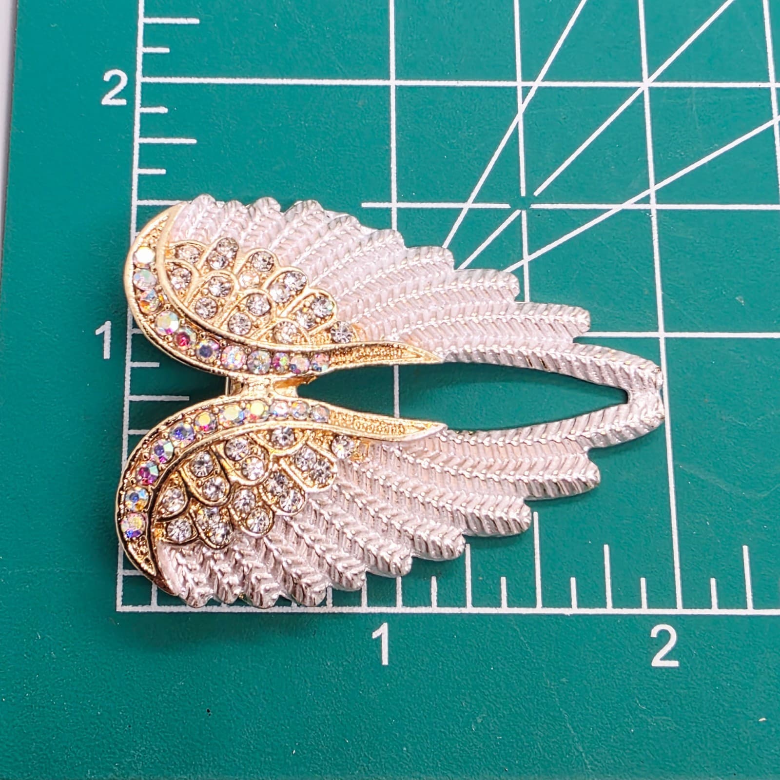 Gold Tone and White Enamel Angel Wings w/ Clear Rhinestones Brooch Pin - Thumbnail 5