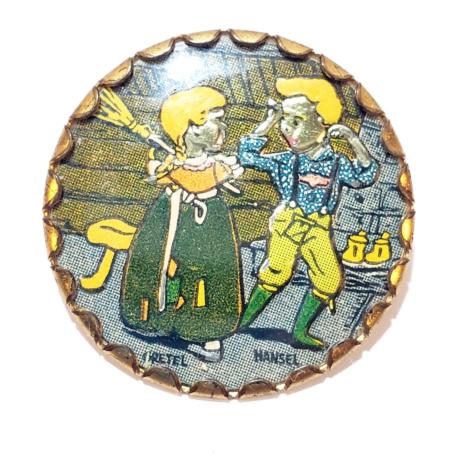 Vintage Hansel and Gretel Fairy Tale Lithographed Tin Crown Cap Button Pin