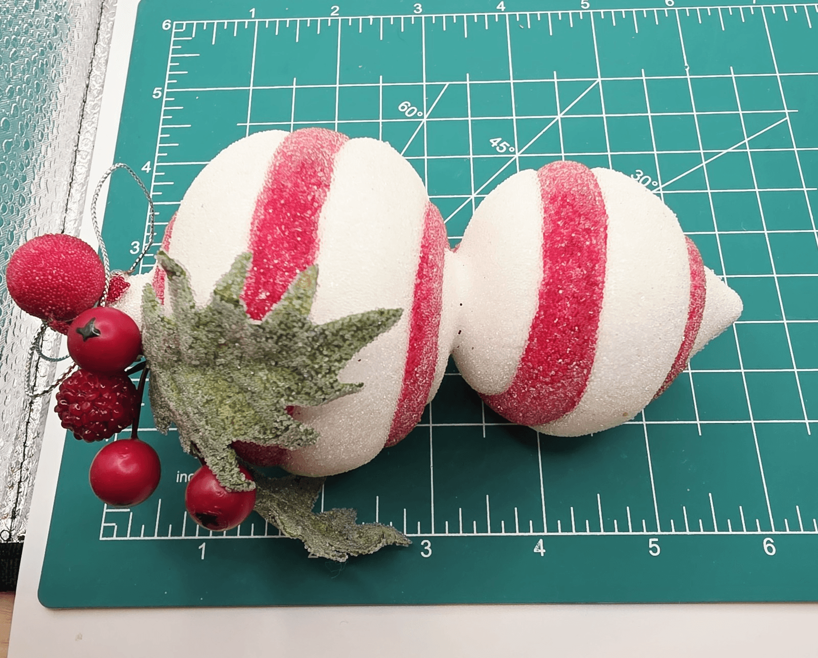 2 pc Red & White Peppermint Striped Shatterproof Sugared Teardrop Xmas Ornaments - Thumbnail 6