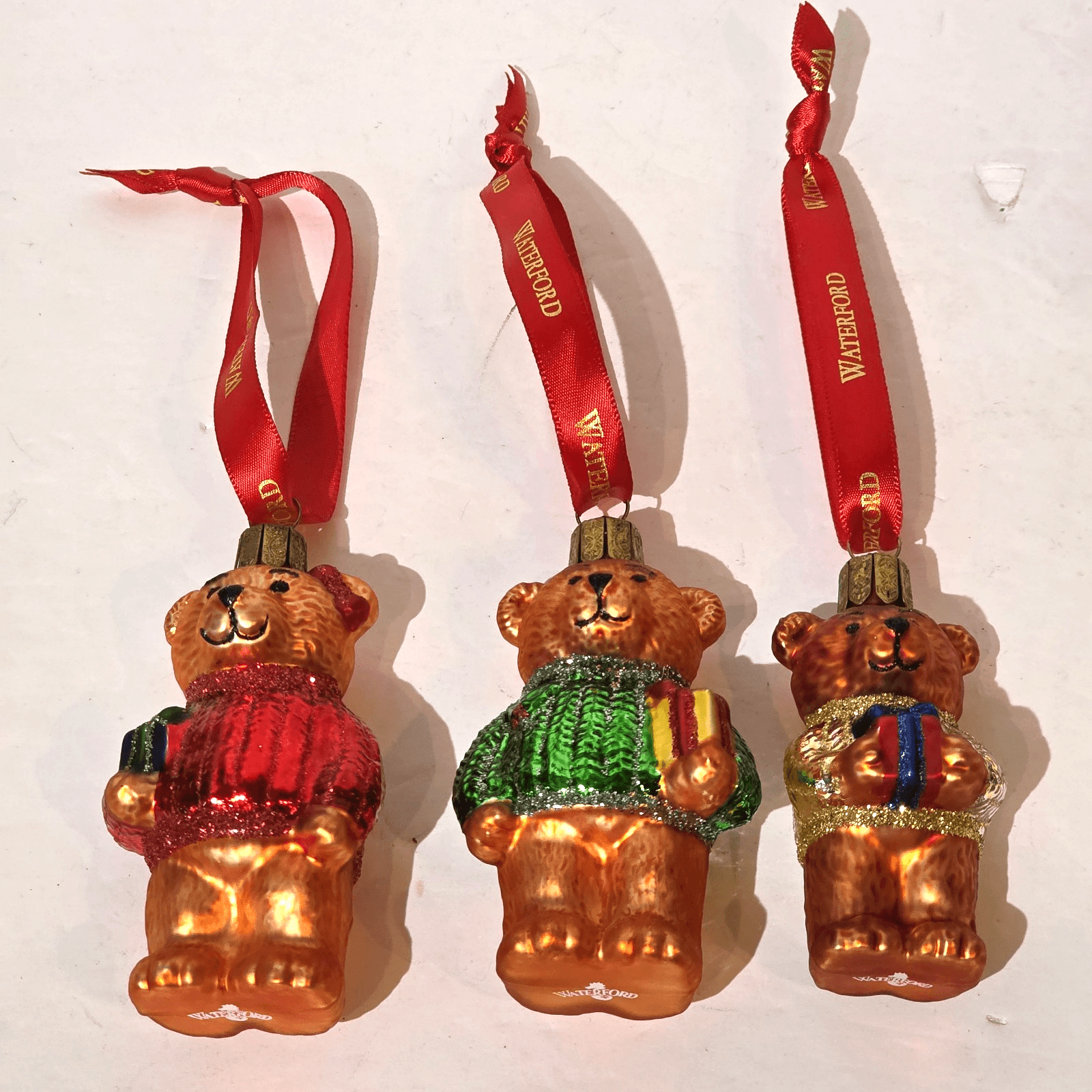 Waterford Holiday Heirlooms Set of 3 Glass Teddy Bear Christmas Ornaments