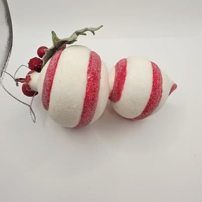 2 pc Red & White Peppermint Striped Shatterproof Sugared Teardrop Xmas Ornaments - Thumbnail 5