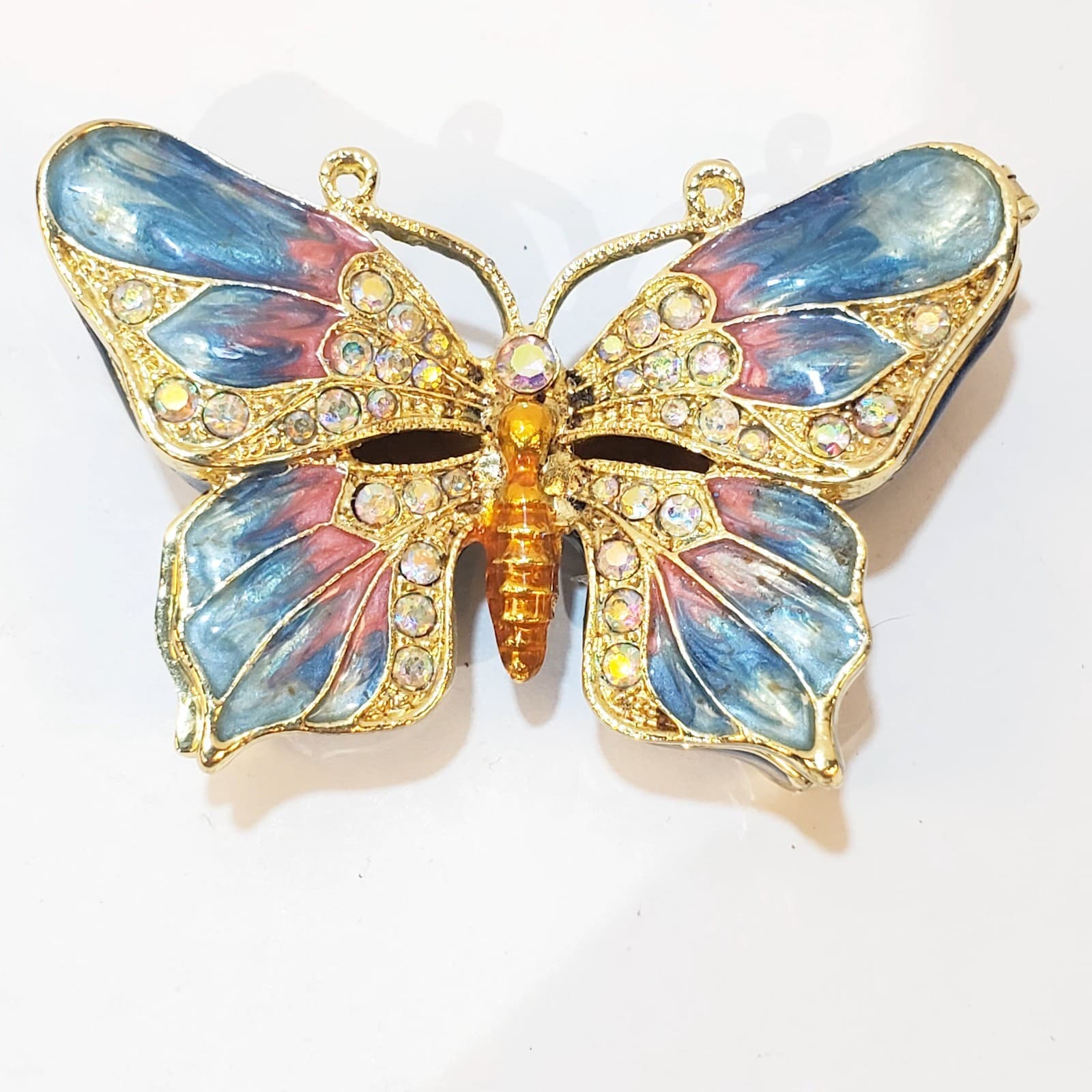 Gold Tone Metal Enamel Rhinestone Bejeweled Butterfly Trinket Box Blue Pink 2.5"