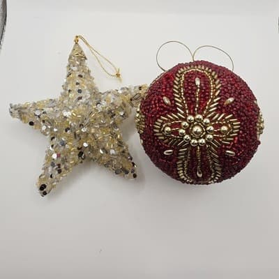 Beaded Sequin Star and Ball w/ Cross Design Christmas Ornament Sparkle Lot of 2