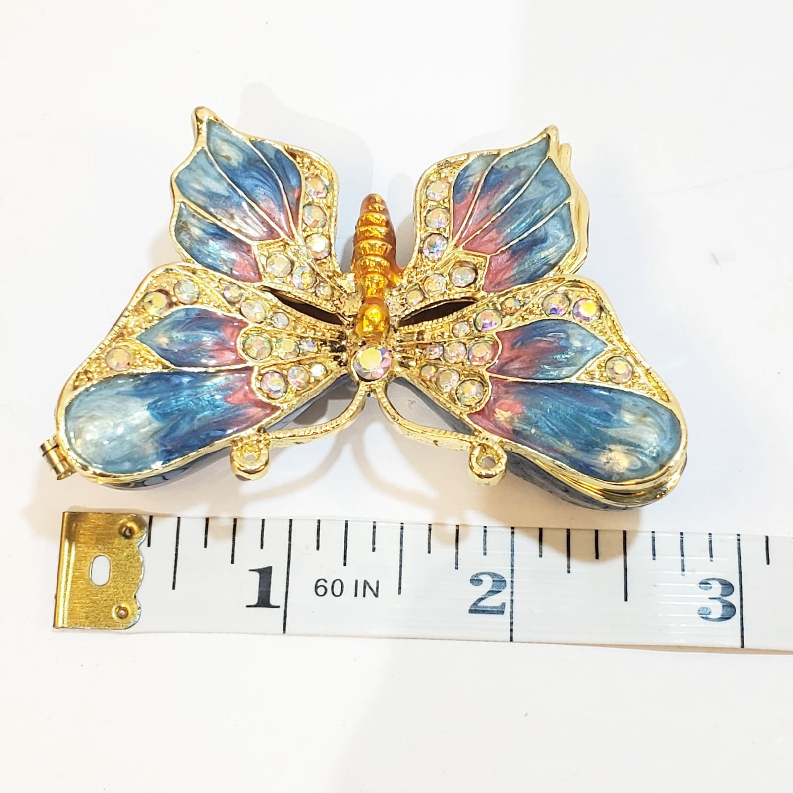 Gold Tone Metal Enamel Rhinestone Bejeweled Butterfly Trinket Box Blue Pink 2.5" - Thumbnail 4
