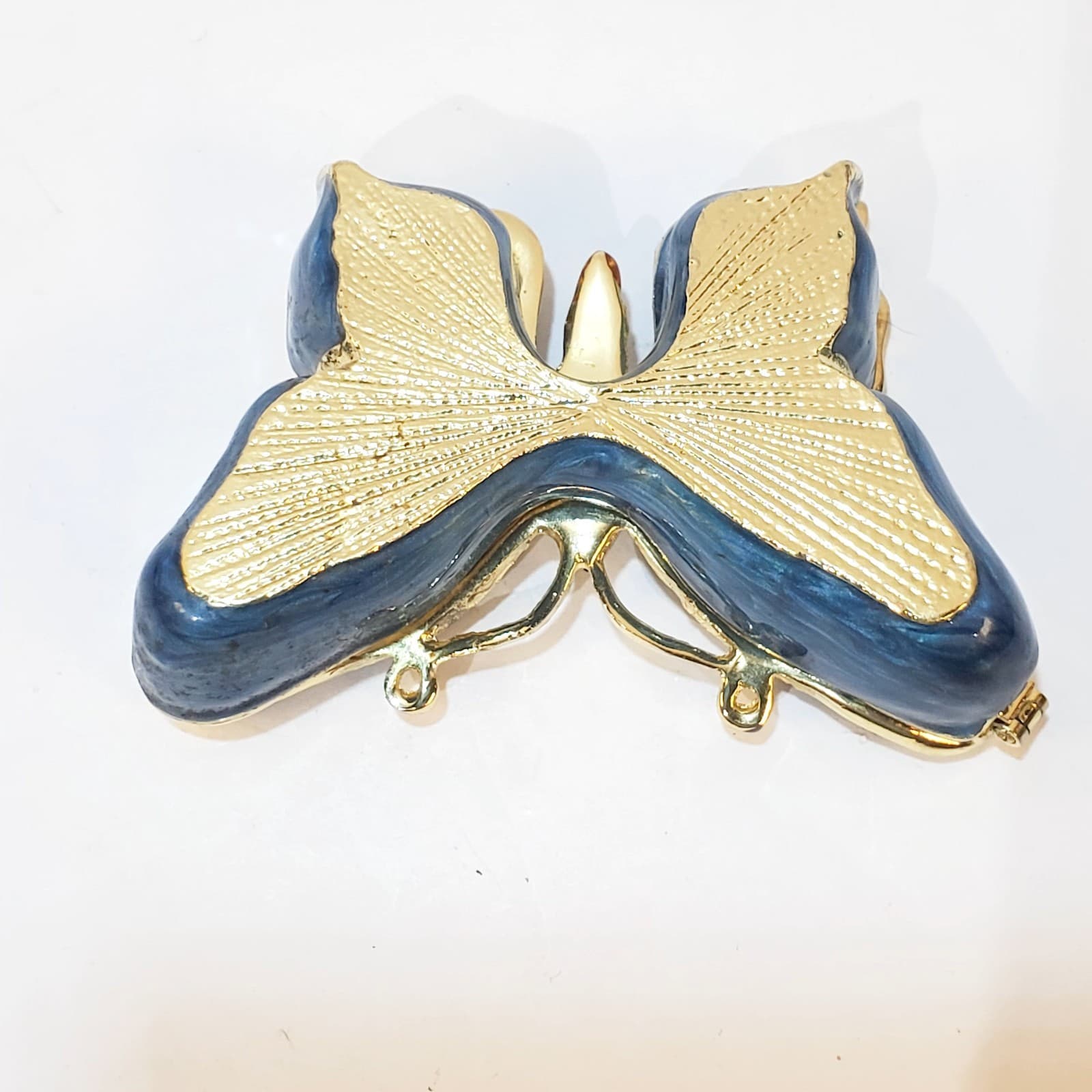 Gold Tone Metal Enamel Rhinestone Bejeweled Butterfly Trinket Box Blue Pink 2.5" - Thumbnail 2