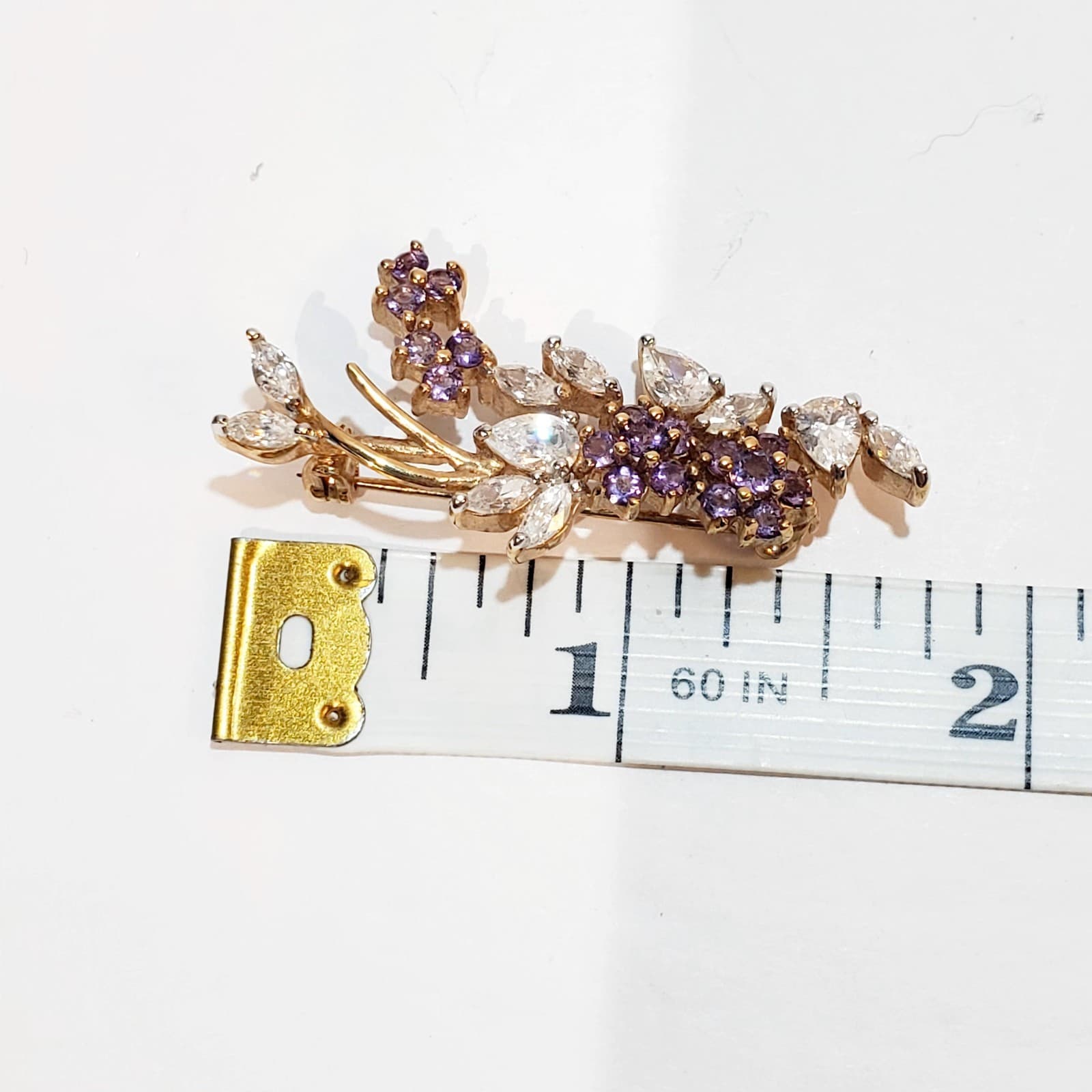 Vintage Gold Tone Clear Marquis Lavender Rhinestone Floral Spray Brooch Pin - Thumbnail 3