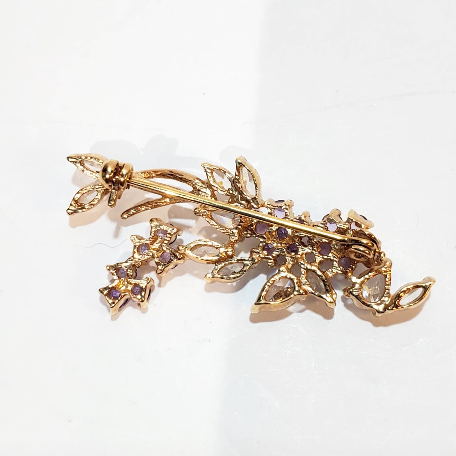 Vintage Gold Tone Clear Marquis Lavender Rhinestone Floral Spray Brooch Pin - Thumbnail 2