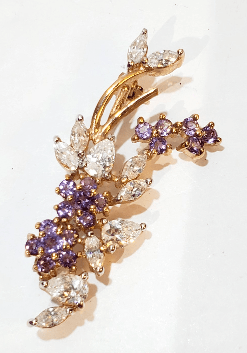 Vintage Gold Tone Clear Marquis Lavender Rhinestone Floral Spray Brooch Pin