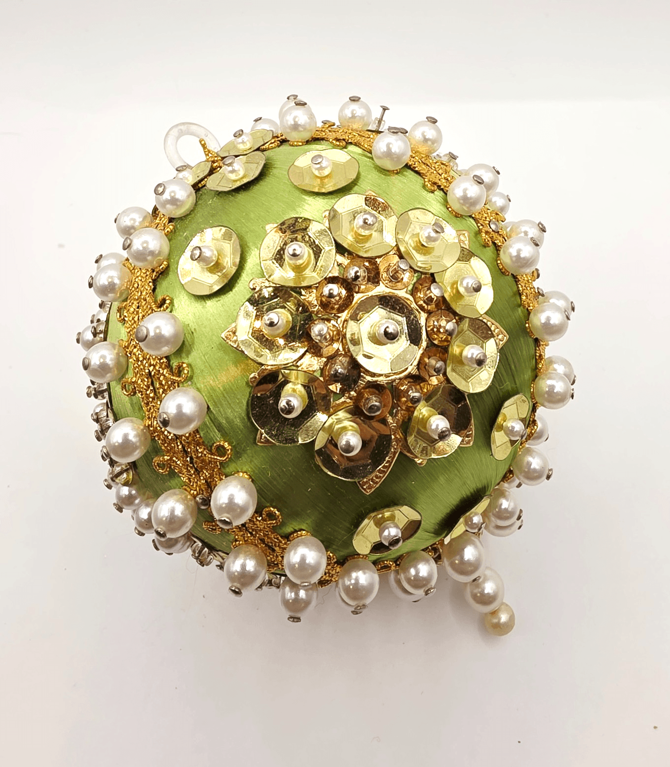 Vintage Sequin Beaded Push-Pin Christmas Ornament Round Green Gold Sparkle 3.5"