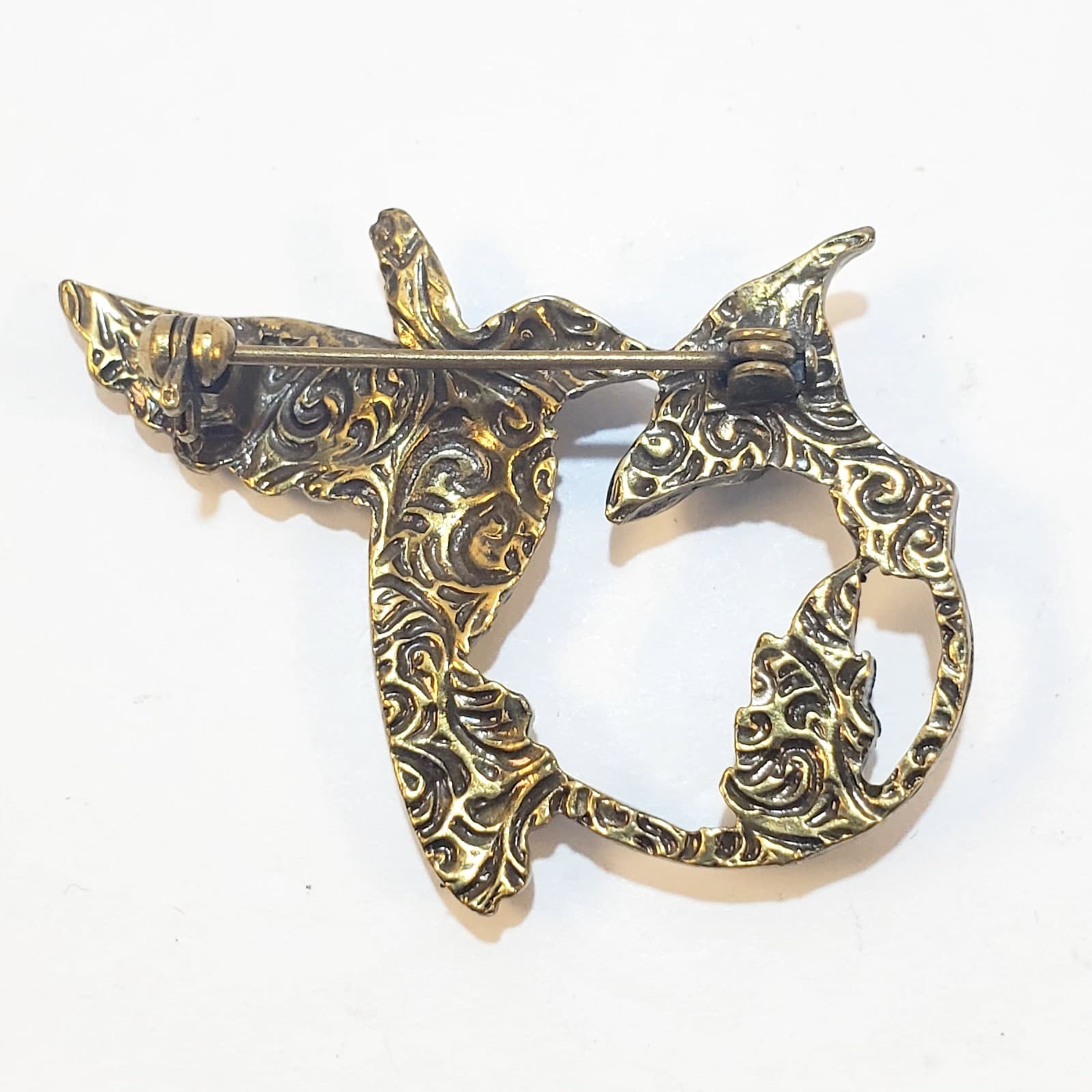 Vintage Brass Tone Metal Enamel Clear Rhinestones Hummingbird Flower Brooch Pin - Thumbnail 2