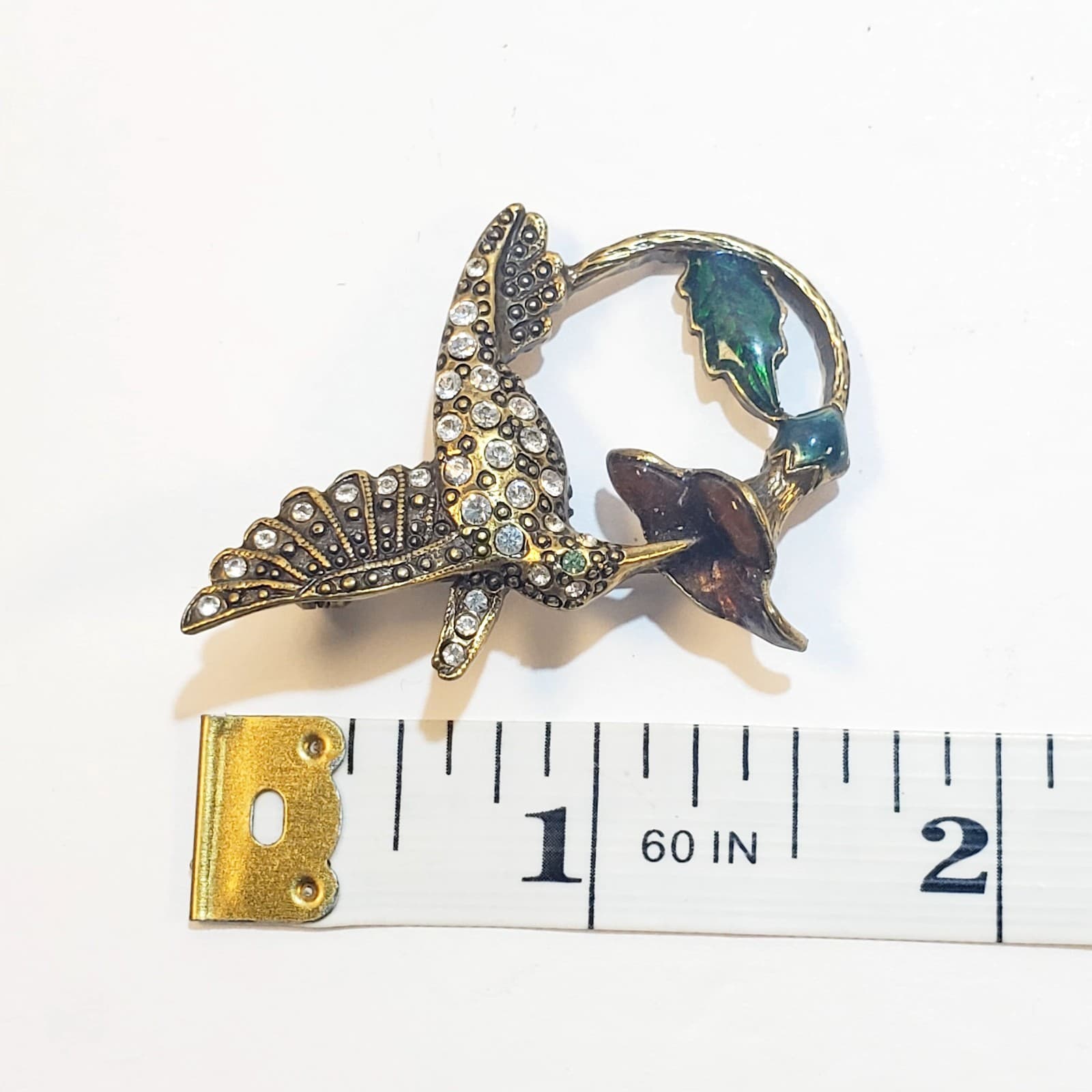 Vintage Brass Tone Metal Enamel Clear Rhinestones Hummingbird Flower Brooch Pin - Thumbnail 3