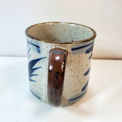 Vintage Stoneware Pottery Coffee Mug w Hand Painted Bird, Flowers, & Leaves - Thumbnail 5