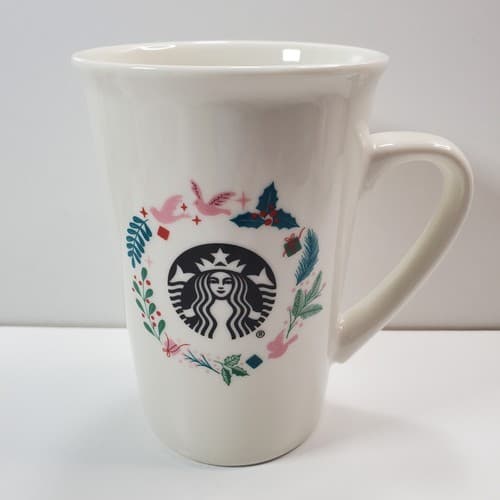 Starbucks Christmas 8 oz Coffee Tea Mug Wreath Mistletoe Holly Pink Doves Birds