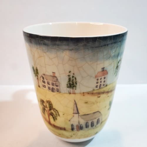 222 Fifth Porter's Village Coffee Tea Mug Cup Tan Green Yellow PTS International - Thumbnail 2