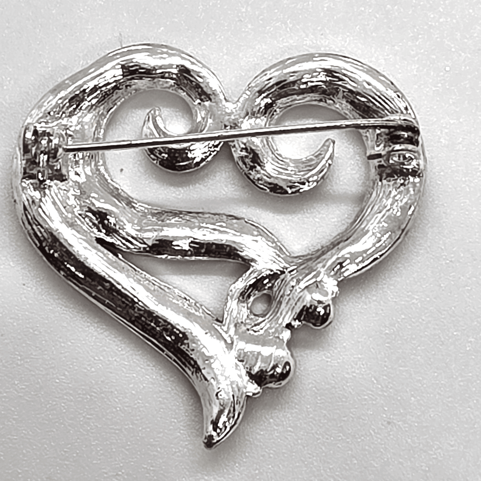 Silver Tone Open Work Studded W/ Black Rhinestones Scroll Heart Brooch Pin - Thumbnail 2