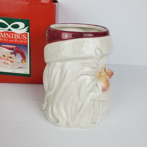 Omnibus By Fitz and Floyd Santa Face Red Hat Holly Handle Ceramic Mug Decor - Thumbnail 3