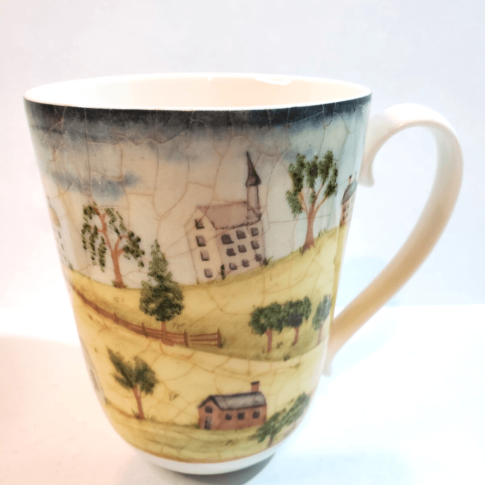222 Fifth Porter's Village Coffee Tea Mug Cup Tan Green Yellow PTS International