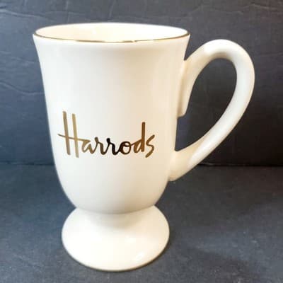 Vtg Harrods London Pedestal Shop Coffee Tea Mug Cup Cream and Gold Collectible