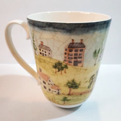 222 Fifth Porter's Village Coffee Tea Mug Cup Tan Green Yellow PTS International - Thumbnail 3