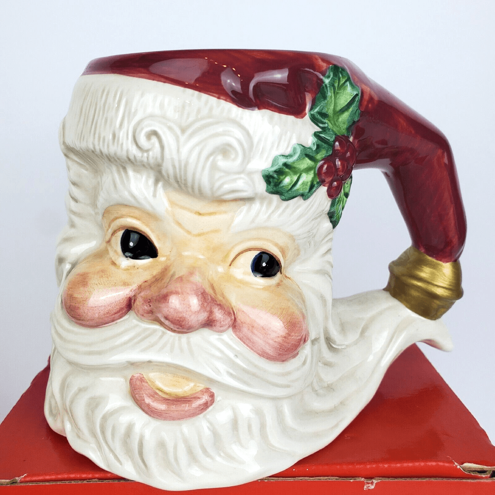 Omnibus By Fitz and Floyd Santa Face Red Hat Holly Handle Ceramic Mug Decor - Thumbnail 2
