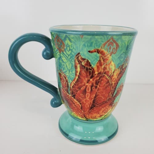 The Studio Shop Susan Winget Pedestal Floral Geometric Coffee Tea Mug Cup Teal - Thumbnail 3