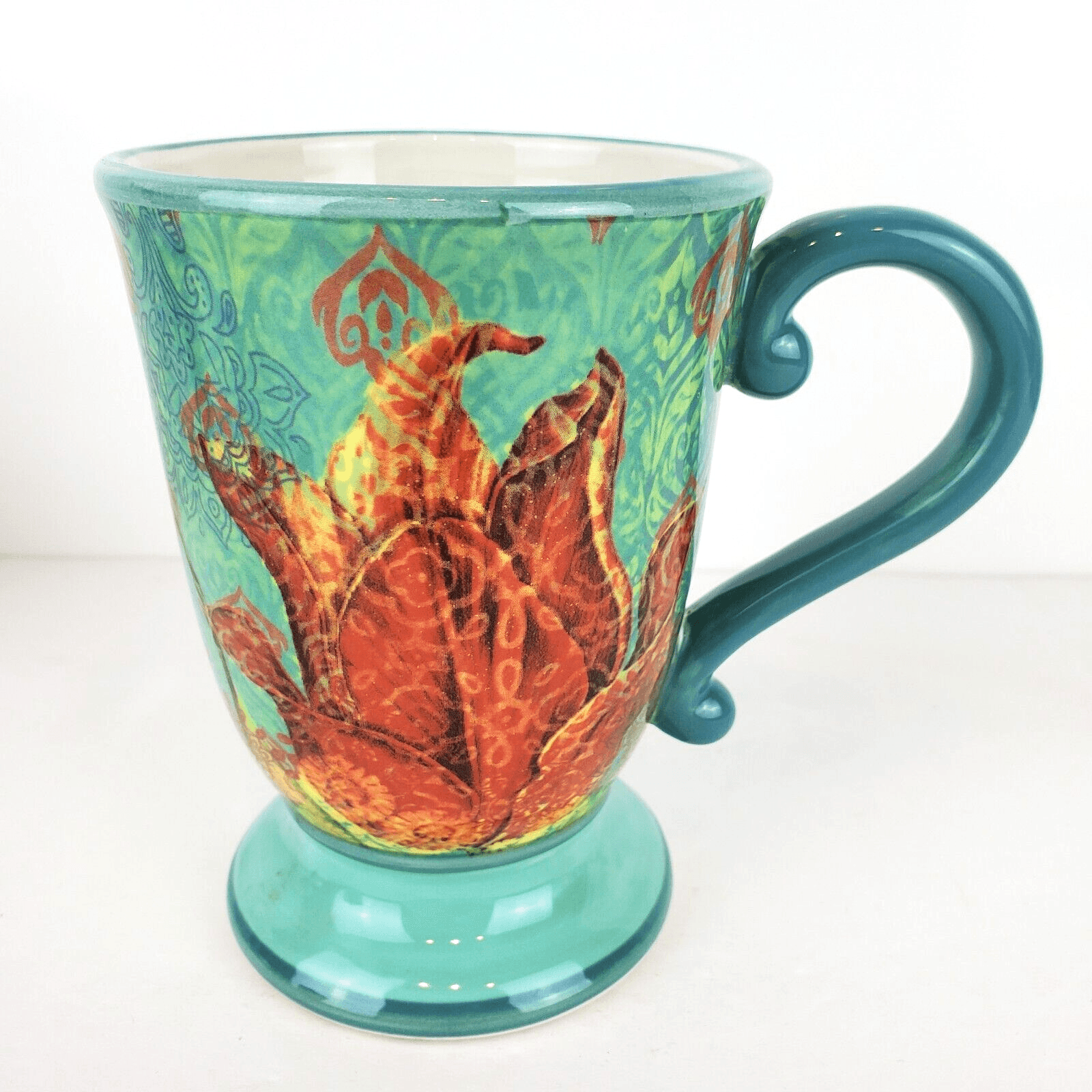 The Studio Shop Susan Winget Pedestal Floral Geometric Coffee Tea Mug Cup Teal