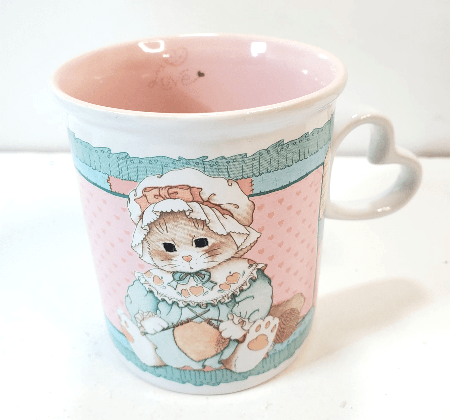 Vtg 1993 Enesco Knitting Sewing Kitty Cat Friendship Mends Heart Coffee Mug Cup