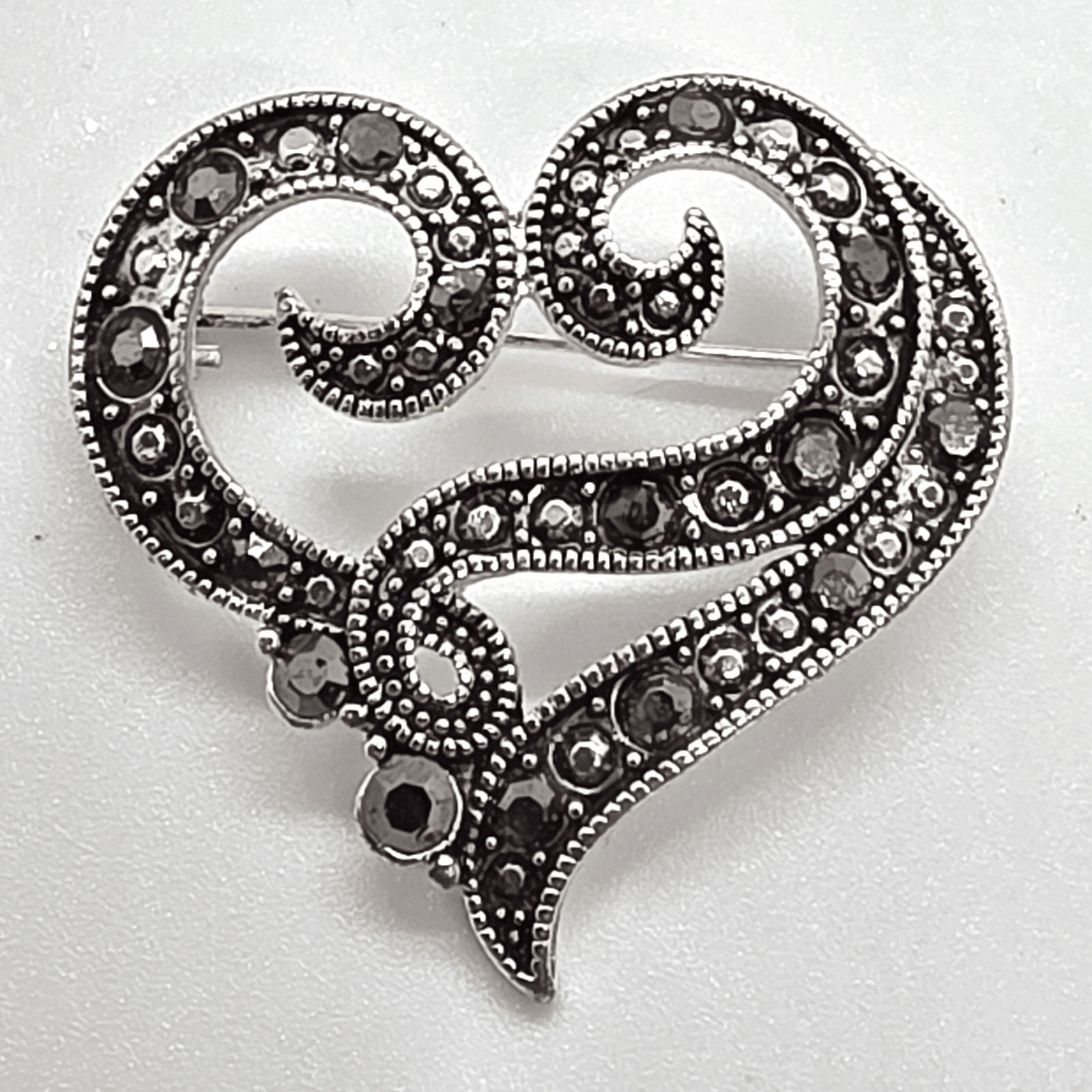Silver Tone Open Work Studded W/ Black Rhinestones Scroll Heart Brooch Pin