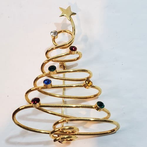 Vintage Gold Tone Modernist Sculptural Rhinestone Christmas Tree Brooch Pin