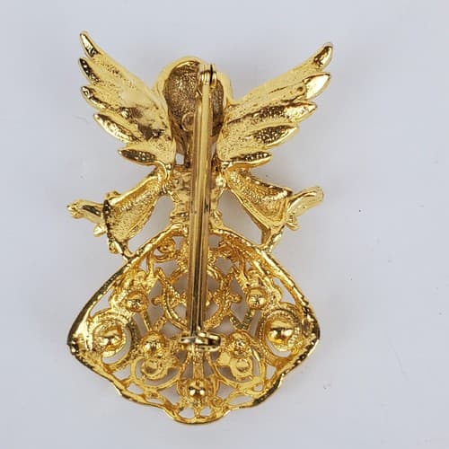 Vintage Avante Gold Tone Openwork Metal Multicolor Rhinestone Angel Brooch Pin - Thumbnail 2