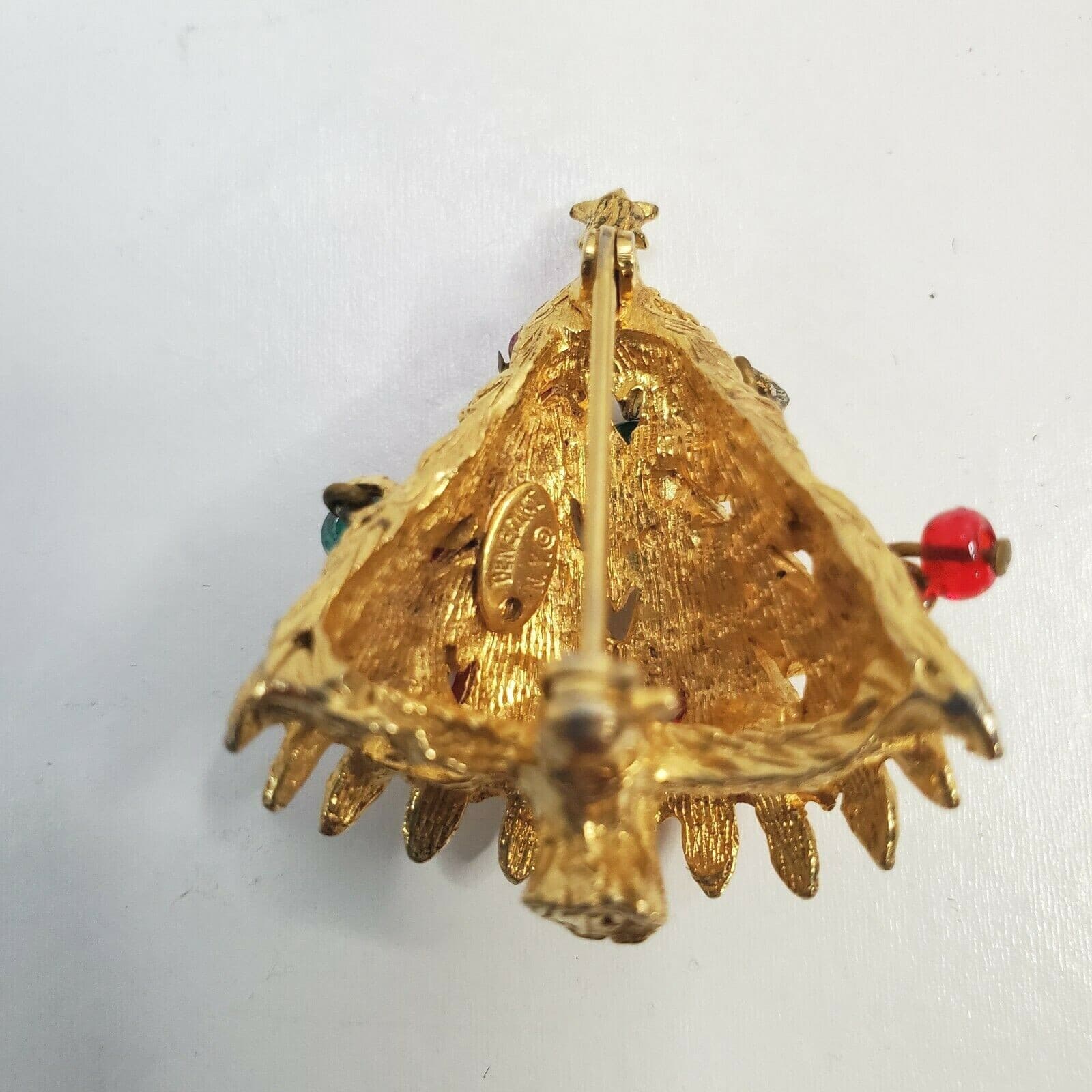 Vtg Benedict Ny Gold Tone Christmas Tree Plastic Dangle Bead Ornament Brooch Pin - Thumbnail 2