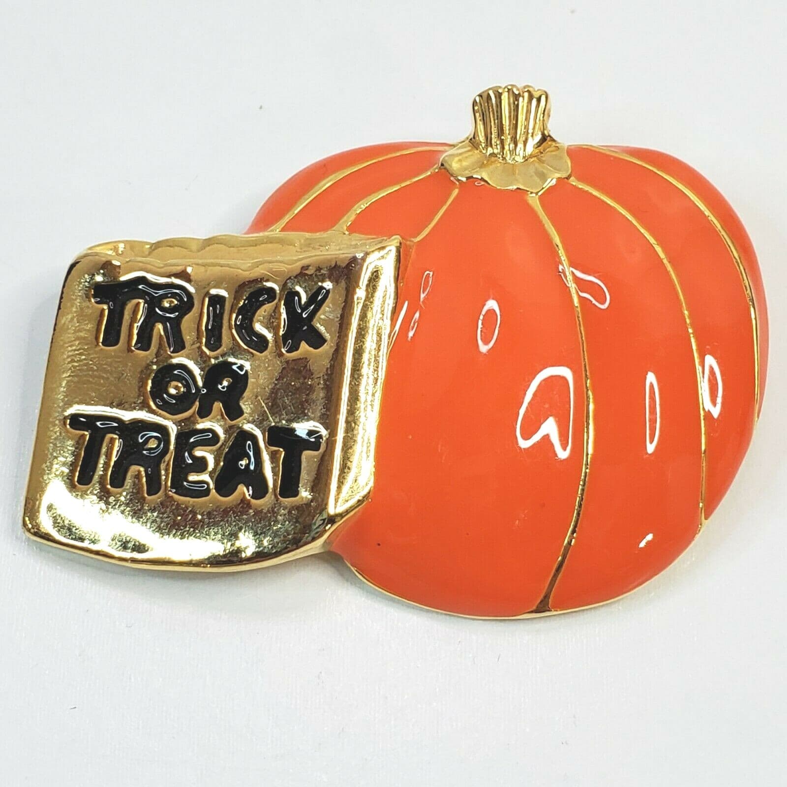 Trick or Treat Metal & Enamel Finish Pumpkin Halloween Brooch Pin Jewelry