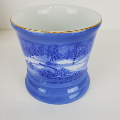 Vtg Blue & White Currier & Ives A Home In the Wilderness Shaving Mug Coffee Cup - Thumbnail 2