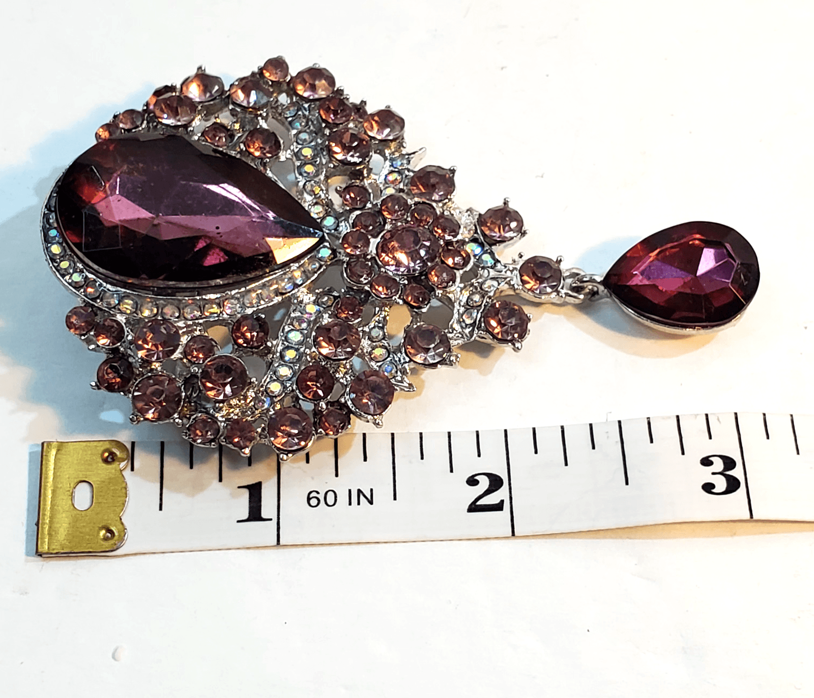 Vtg Silver Tone Plum Purple Clear Rhinestones Teardrop Layered Dangle Brooch Pin - Thumbnail 6