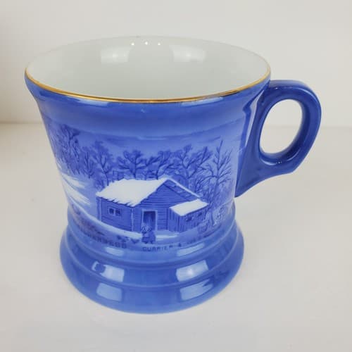 Vtg Blue & White Currier & Ives A Home In the Wilderness Shaving Mug Coffee Cup