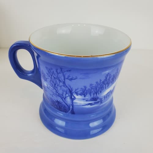 Vtg Blue & White Currier & Ives A Home In the Wilderness Shaving Mug Coffee Cup - Thumbnail 3