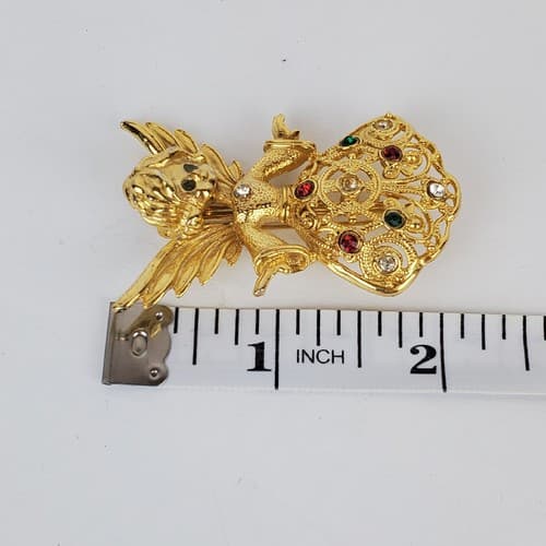Vintage Avante Gold Tone Openwork Metal Multicolor Rhinestone Angel Brooch Pin - Thumbnail 5