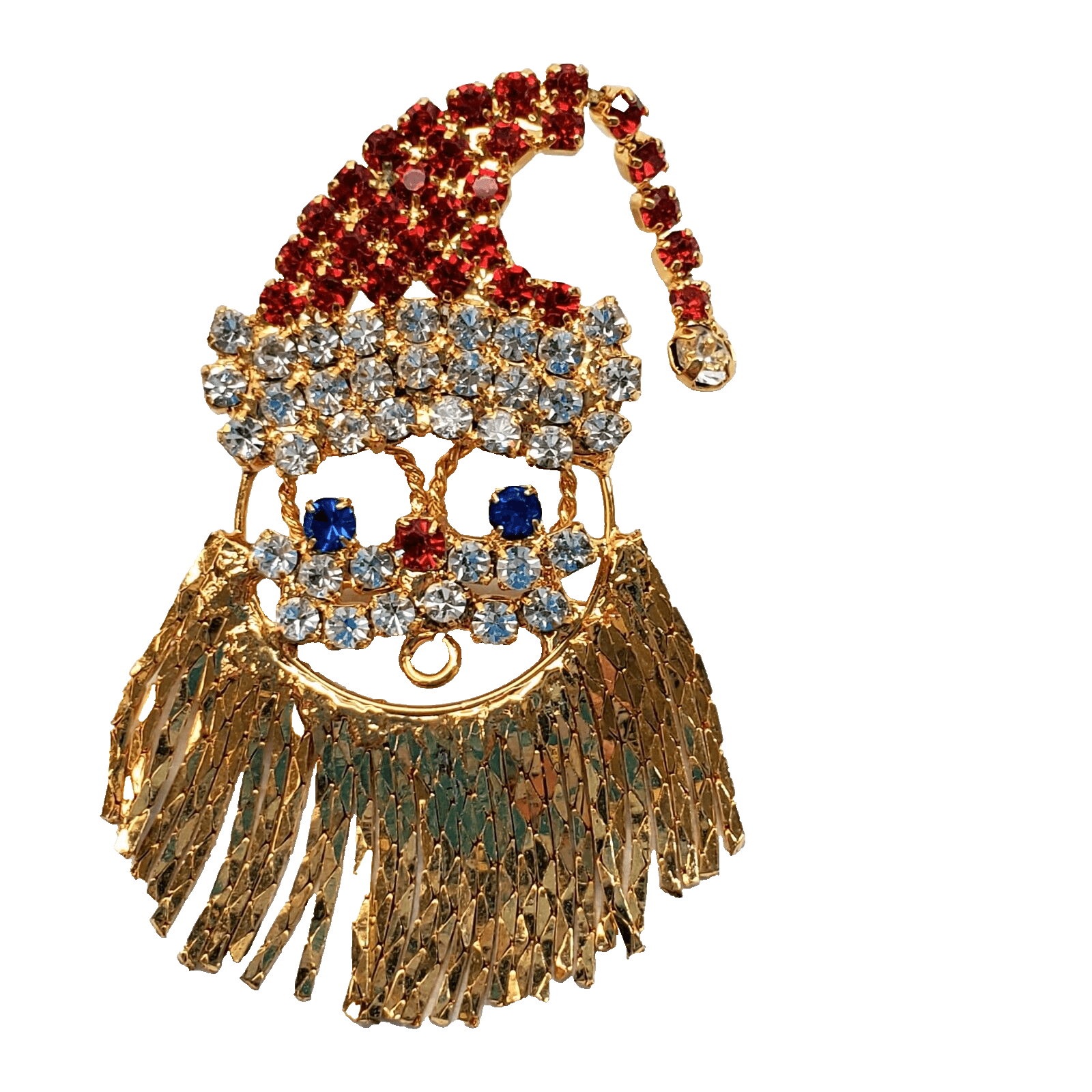 Gold Tone Metal Fringe Dangle Beard Rhinestone Santa Claus Christmas Brooch Pin