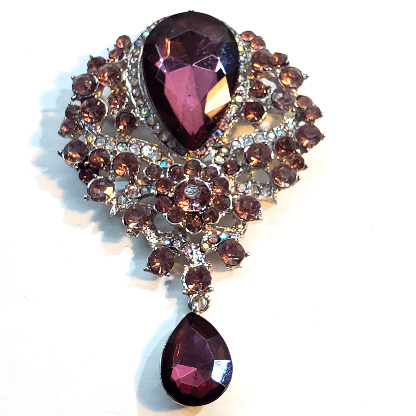 Vtg Silver Tone Plum Purple Clear Rhinestones Teardrop Layered Dangle Brooch Pin