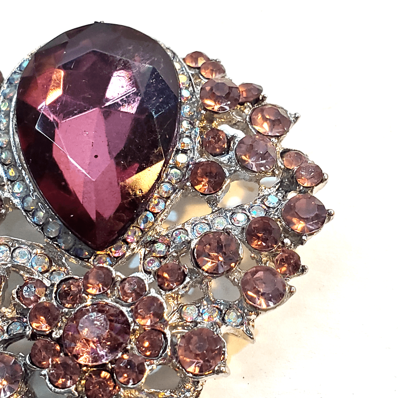 Vtg Silver Tone Plum Purple Clear Rhinestones Teardrop Layered Dangle Brooch Pin - Thumbnail 4