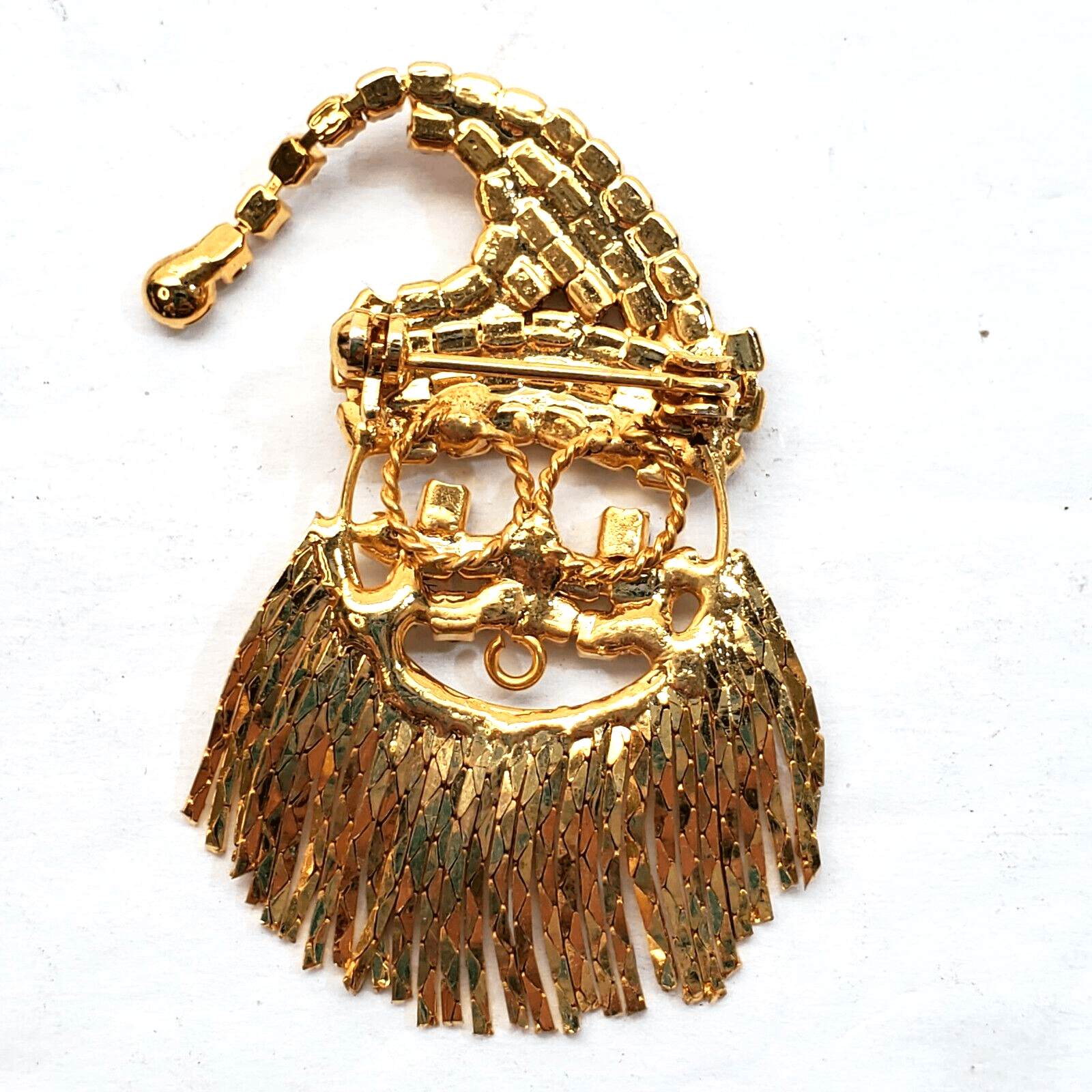 Gold Tone Metal Fringe Dangle Beard Rhinestone Santa Claus Christmas Brooch Pin - Thumbnail 2