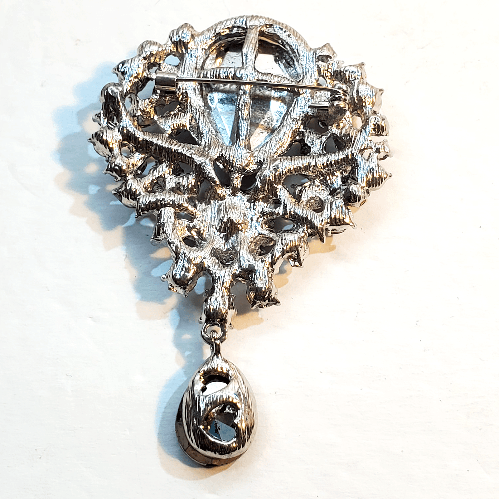 Vtg Silver Tone Plum Purple Clear Rhinestones Teardrop Layered Dangle Brooch Pin - Thumbnail 5