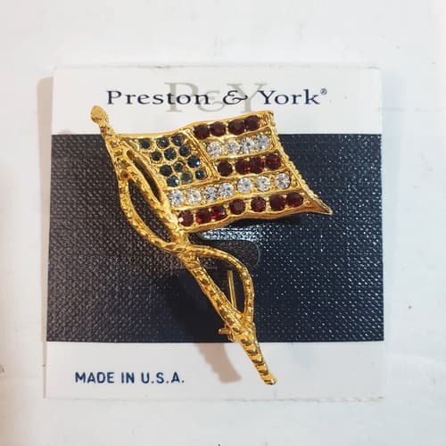 Vtg Preston York Gold Tone Red Blue Clear Rhinestone American Flag Brooch Pin