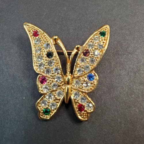 Vintage Gold Tone Metal & Multi-Color Rhinestones Butterfly Brooch Pin Spring