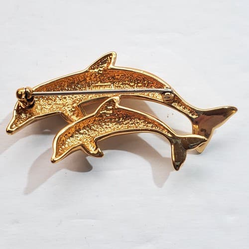 Vintage Krementz Gold Tone Rhinestone Eyes Mama and Baby Dolphin Brooch Pin - Thumbnail 2
