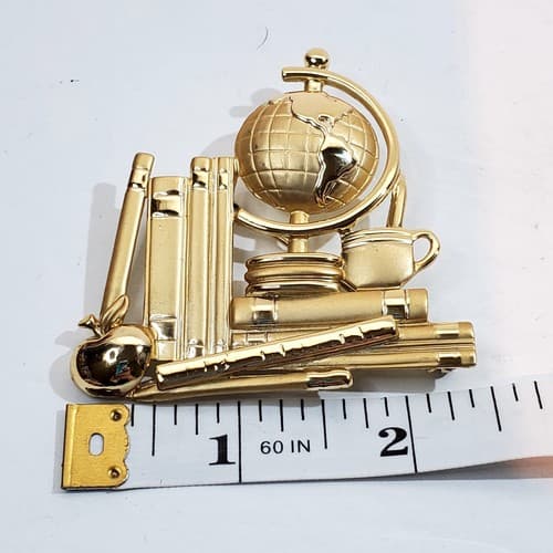 Vintage AJC Matte and Shiny Gold Tone Metal Teacher Globe Books Brooch Pin - Thumbnail 3