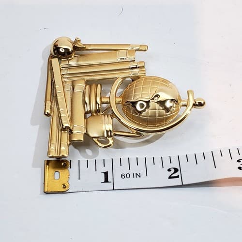 Vintage AJC Matte and Shiny Gold Tone Metal Teacher Globe Books Brooch Pin - Thumbnail 4