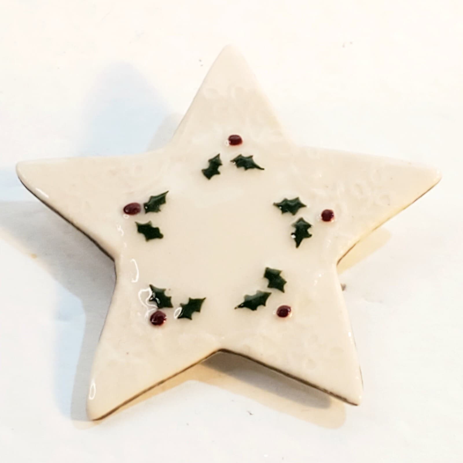 Vintage Stillwater Art Hand Painted Holly Ceramic Star Brooch Pin Christmas