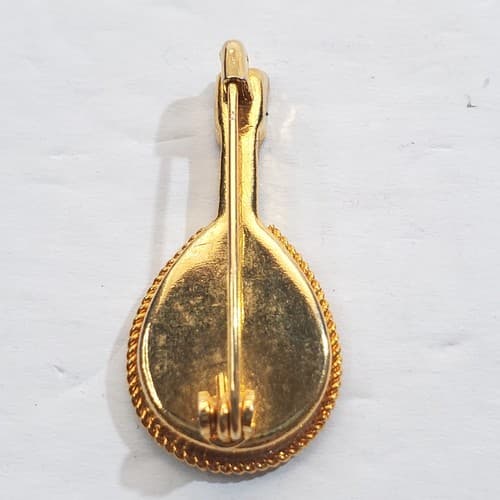 Vintage Gold Tone and Multicolor Micro Mosaic Floral Mandolin Banjo Brooch Pin - Thumbnail 2